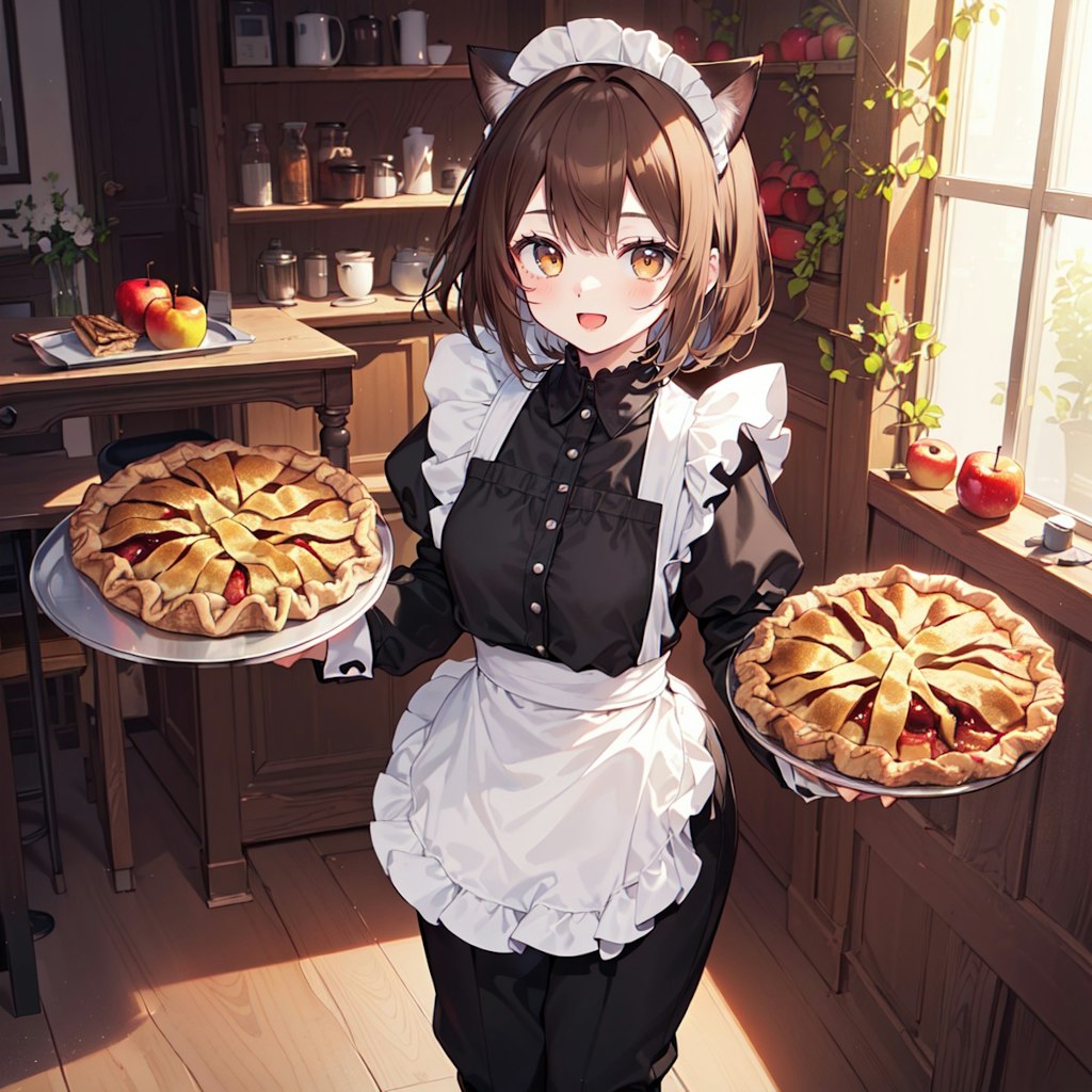 二つの大きなアップルパイを運ぶ喫茶店で働く猫娘