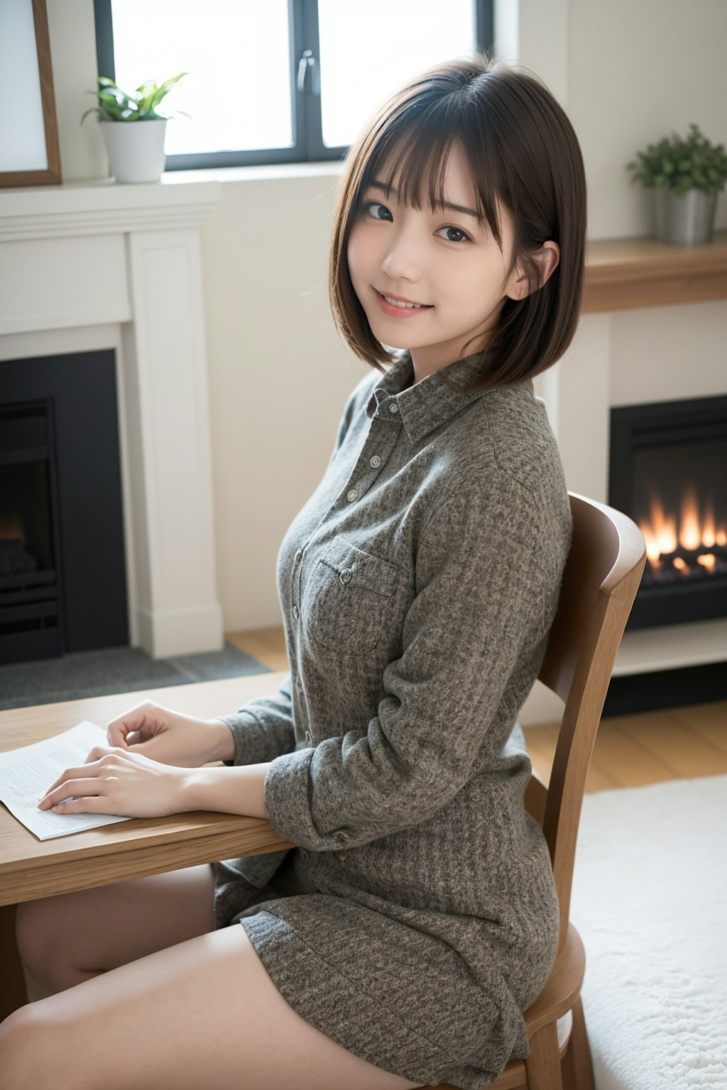 暖炉のある部屋で過ごす女性