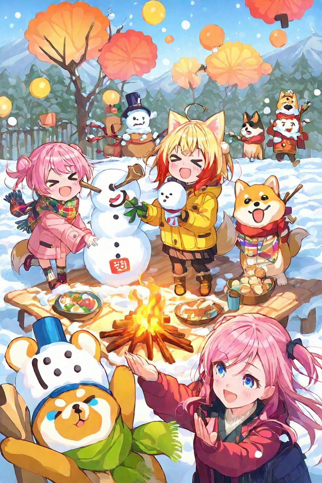 女の子と柴犬と雪だるま