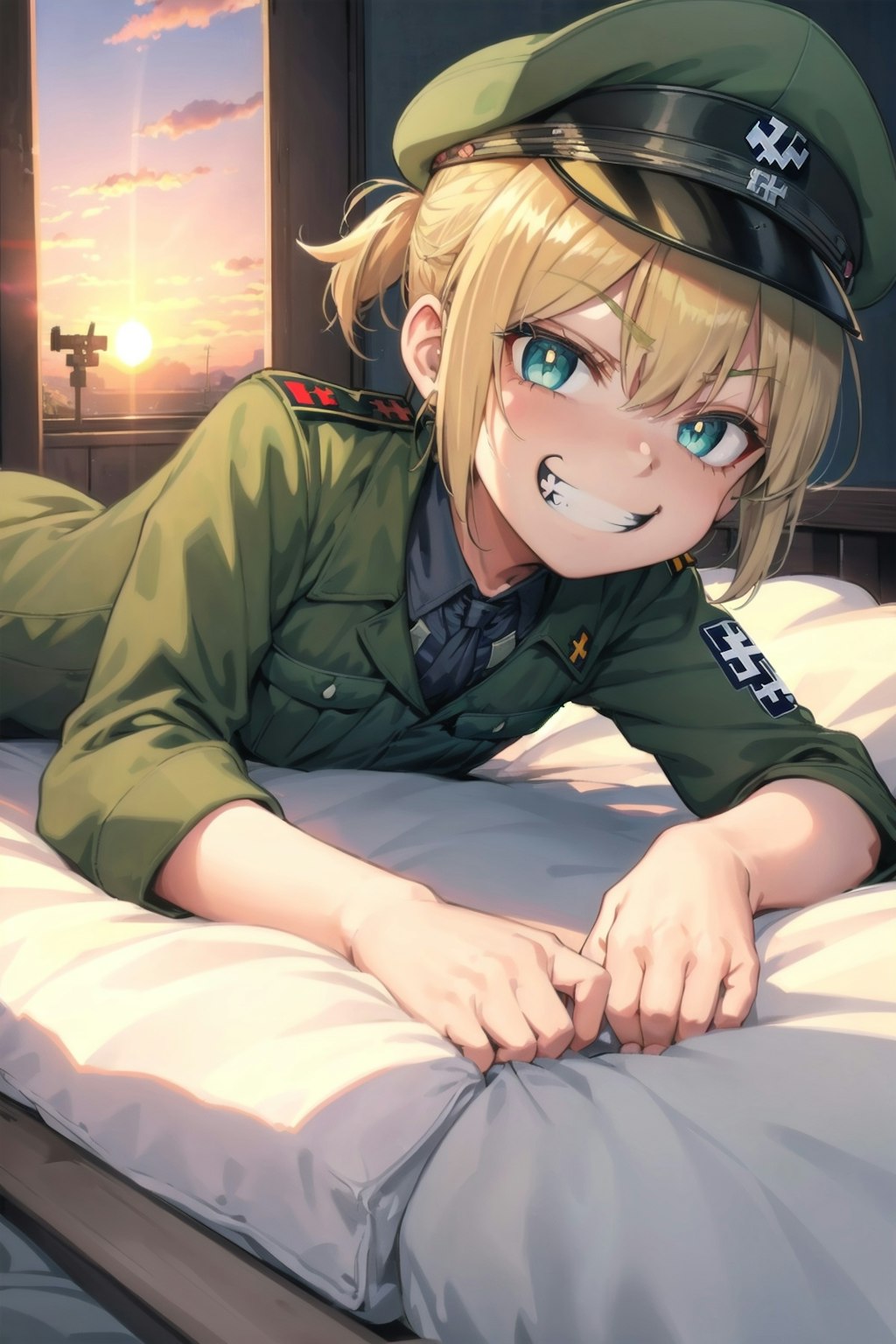 寝転ぶ軍服少女