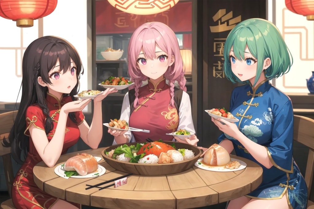 上海料理を楽しむ3人娘