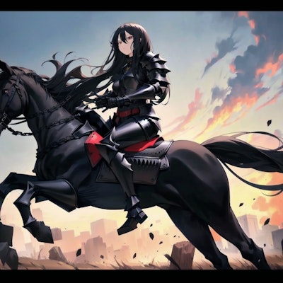 馬に乗る黒髪の女騎士さん