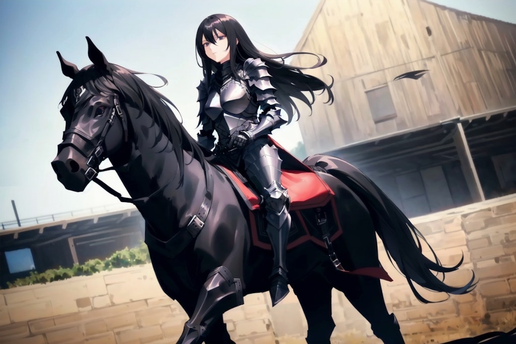 馬に乗る黒髪の女騎士さん