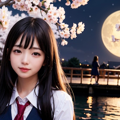 夜桜と月と女子高生