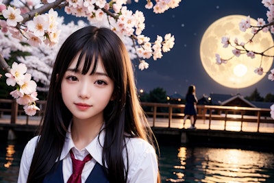 夜桜と月と女子高生