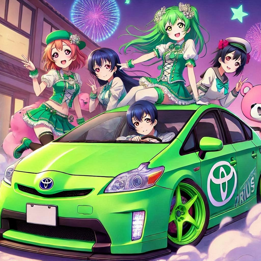 ラブライブキャラとグリーンカラープリウスのドリ車