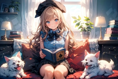 読書する女の子と愛犬