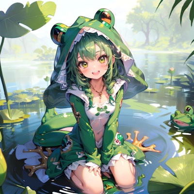 緑蛙きぐるみ緑髪少女