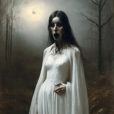 A ghost woman wanders in a forest during the night