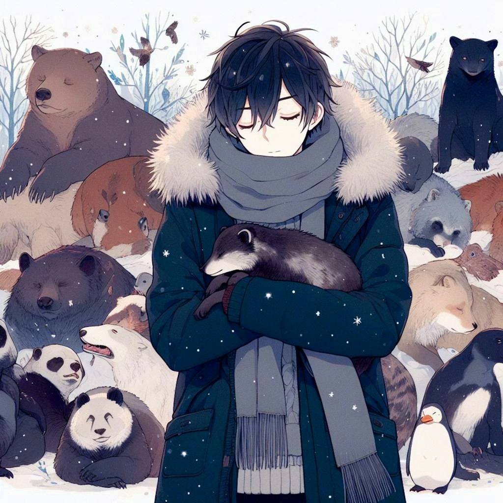 冬眠している、黒髪短髪男性と動物たち…(12枚)
