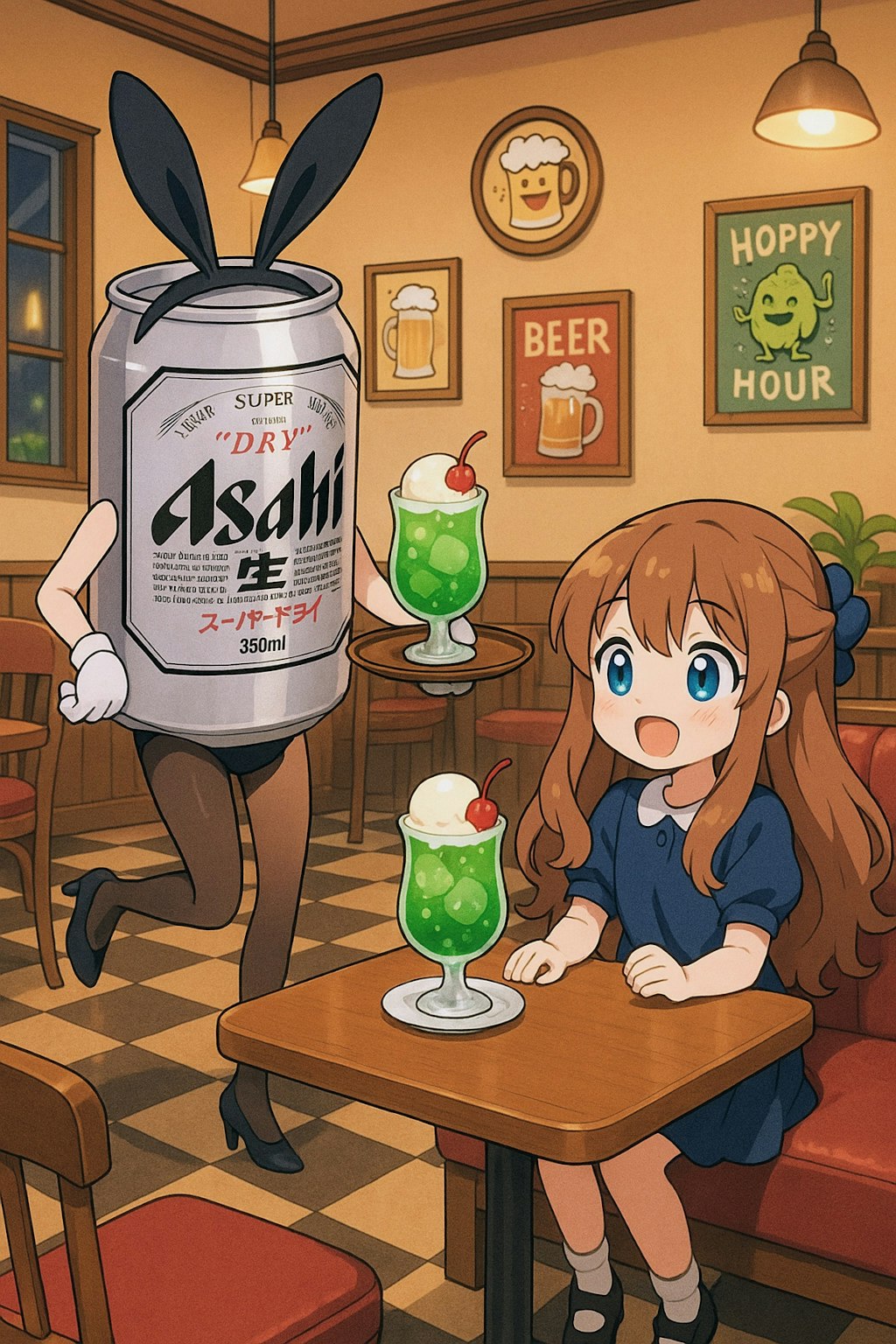 バニーガールのビール缶と小さな女の子