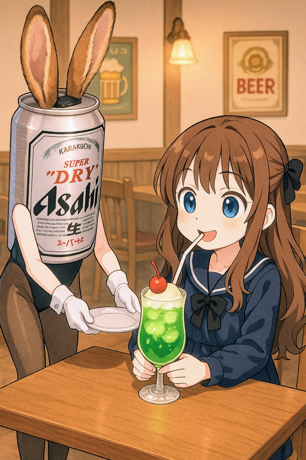バニーガールのビール缶と小さな女の子