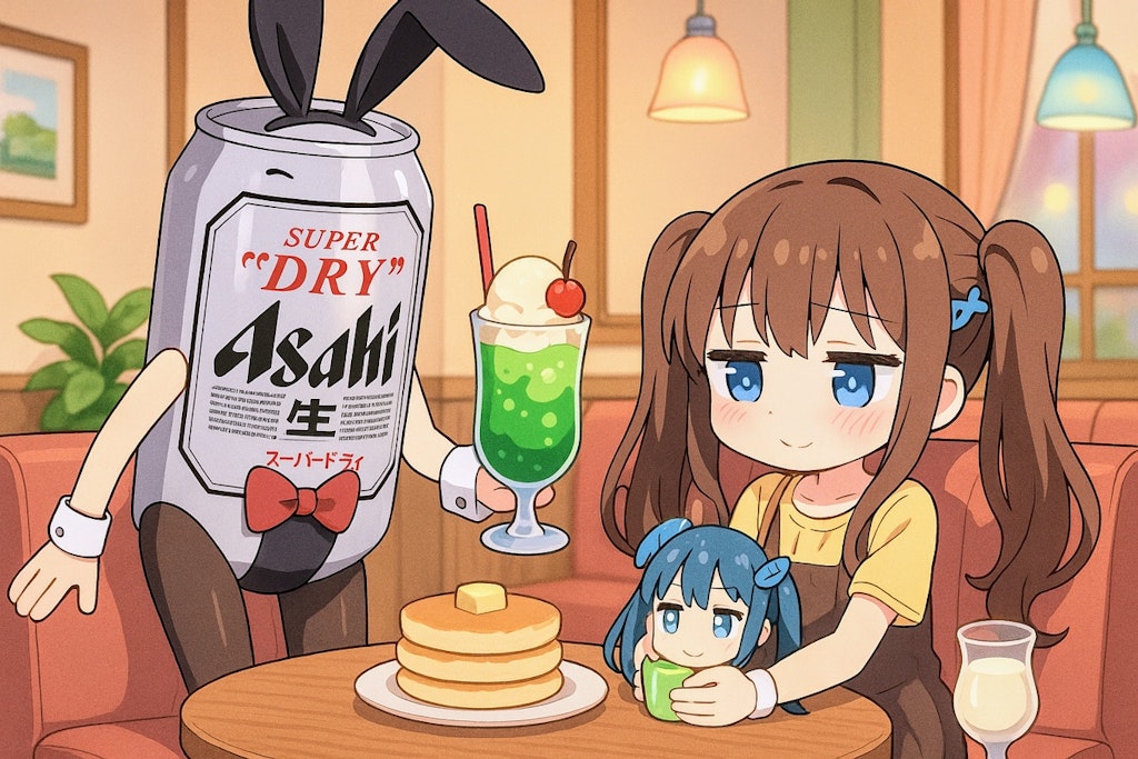 バニーガールのビール缶と小さな女の子