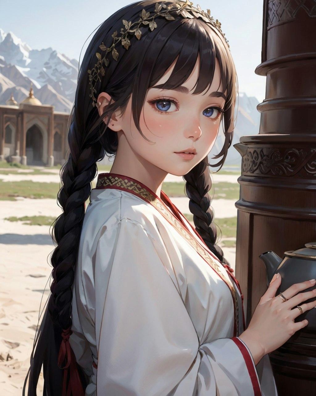 中央アジアの伝統的な華麗な服の少女