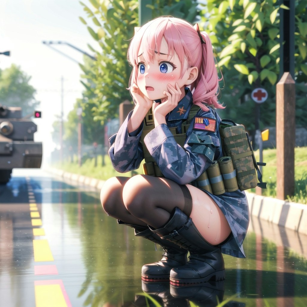 しゃがんでいる軍服少女