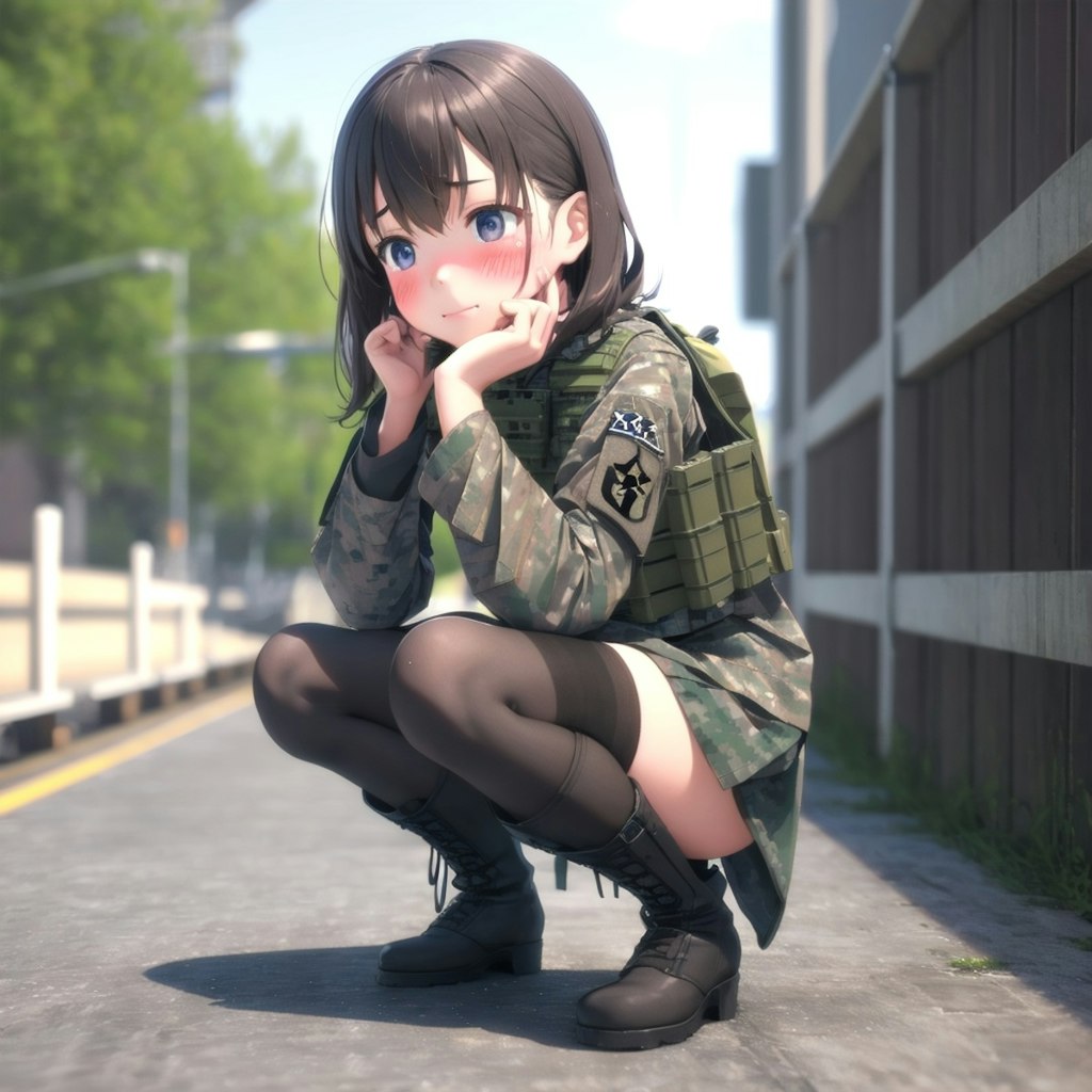 しゃがんでいる軍服少女