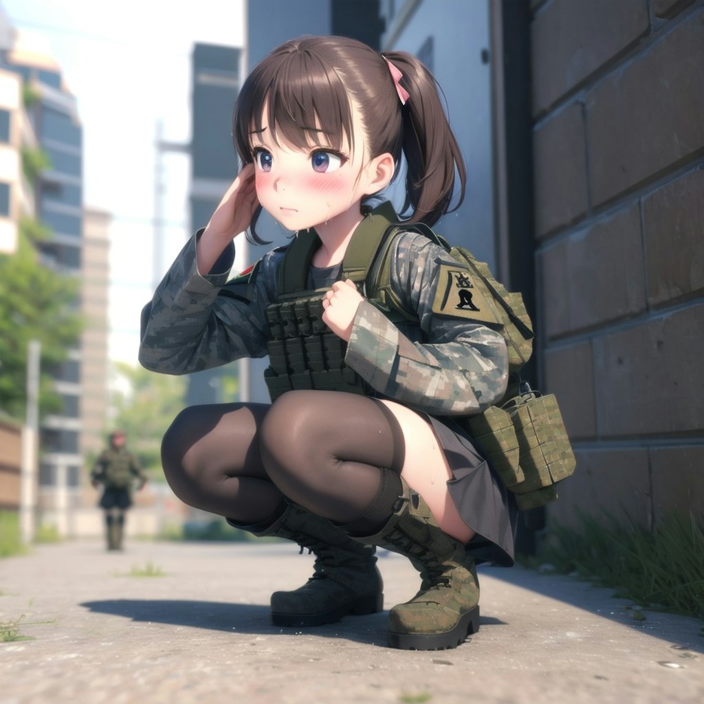 しゃがんでいる軍服少女