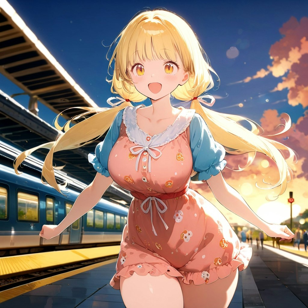 ブロンド髪の少女と夕焼けの駅