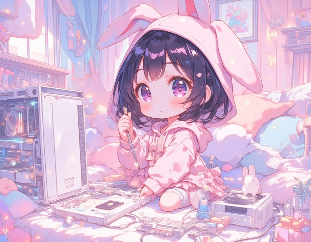 画像生成の為に白いPCを組み立てるかわいい黒髪のちびキャラ少女