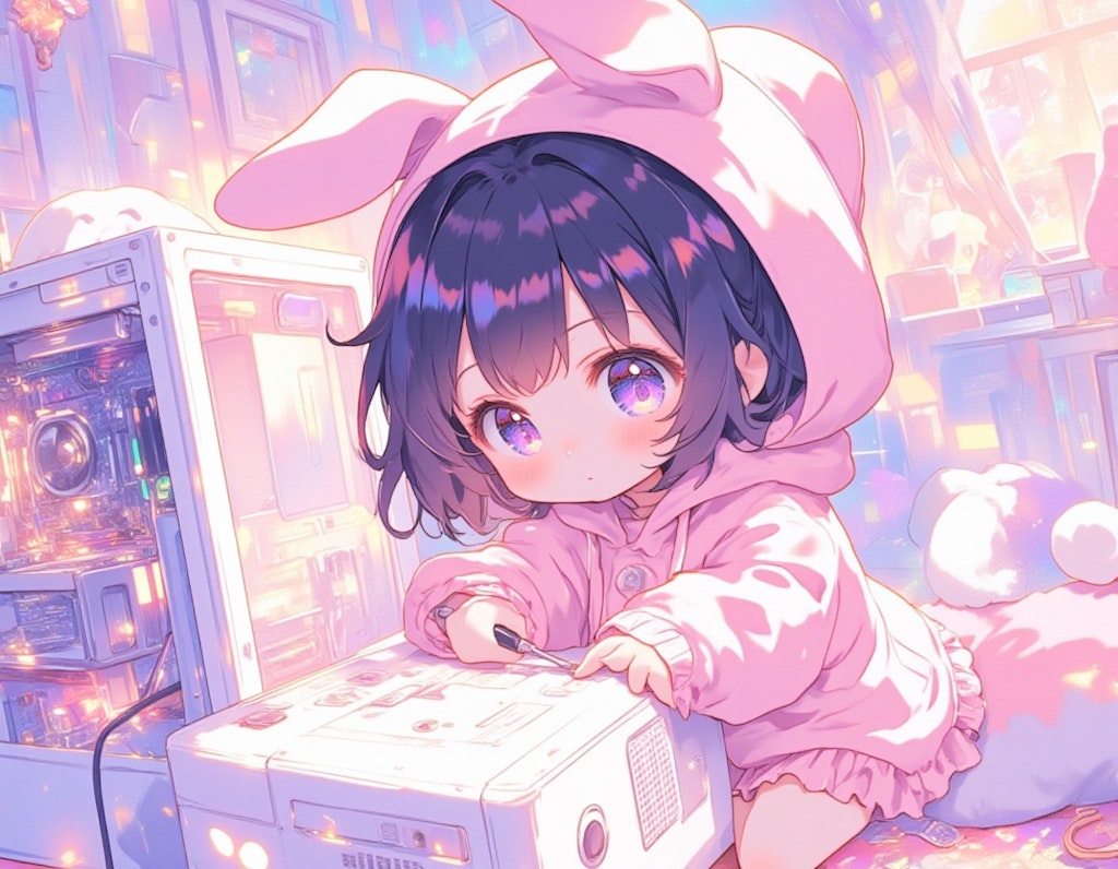 画像生成の為に白いPCを組み立てるかわいい黒髪のちびキャラ少女