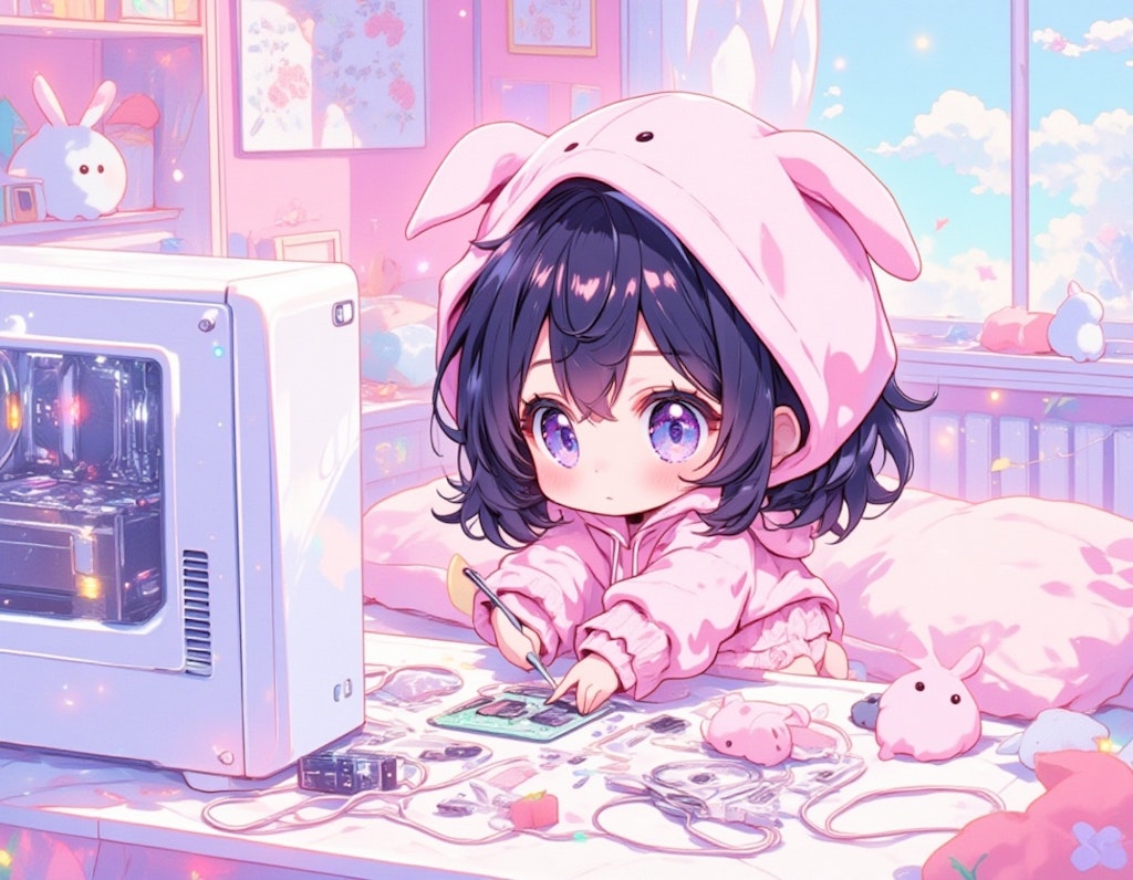 画像生成の為に白いPCを組み立てるかわいい黒髪のちびキャラ少女