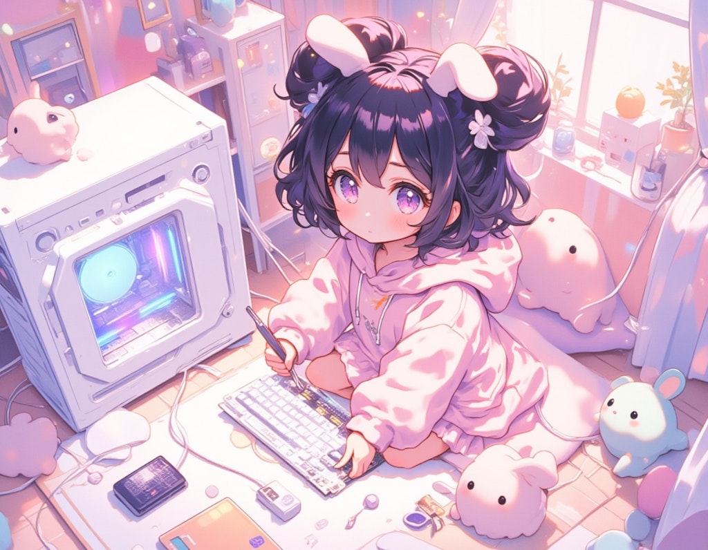 画像生成の為に白いPCを組み立てるかわいい黒髪のちびキャラ少女