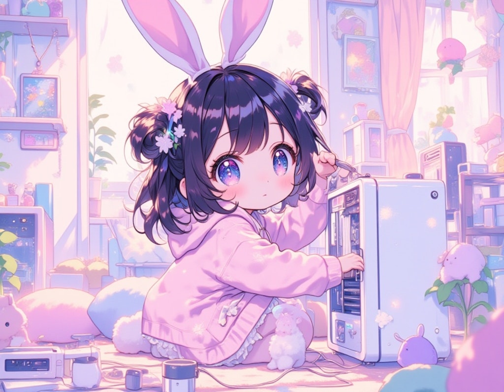 画像生成の為に白いPCを組み立てるかわいい黒髪のちびキャラ少女