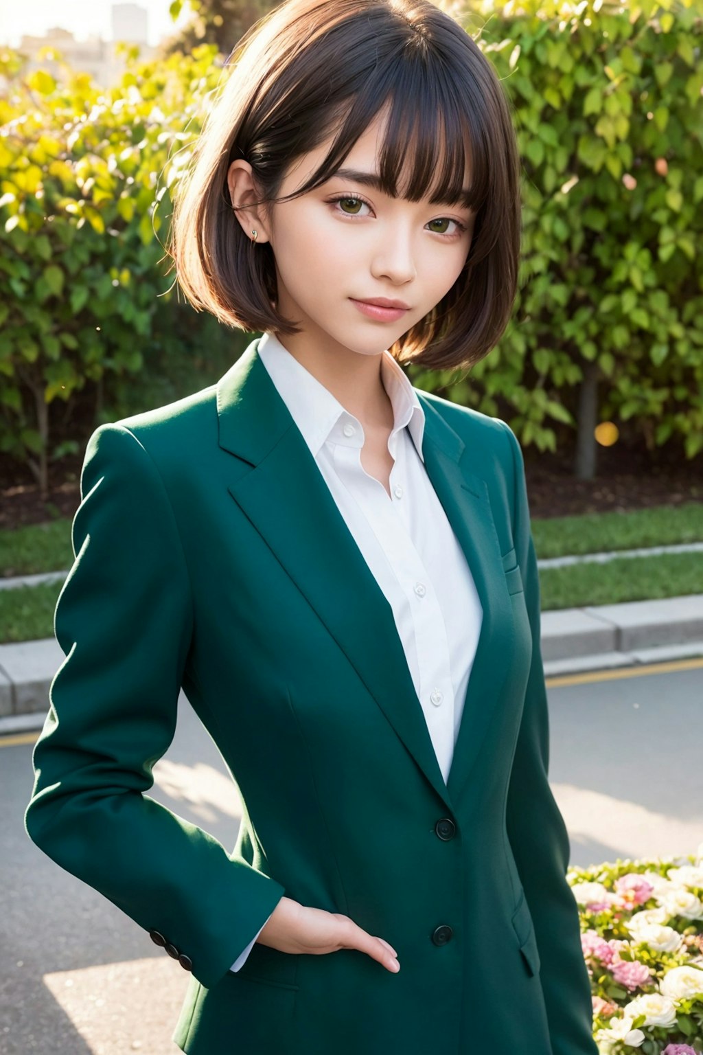 秋ファッション　ダークグリーン制服の女の子