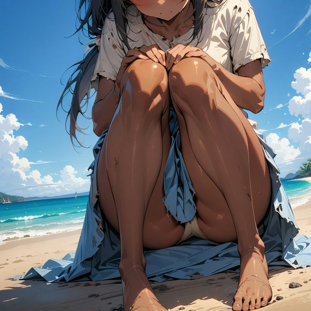 砂浜にしゃがんで佇む少女