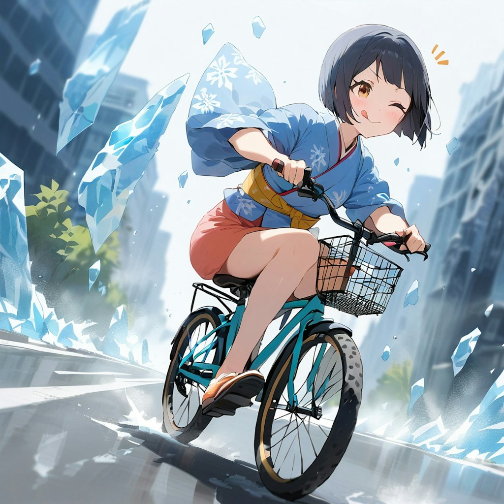 自転車に乗る てへぺろ雪女