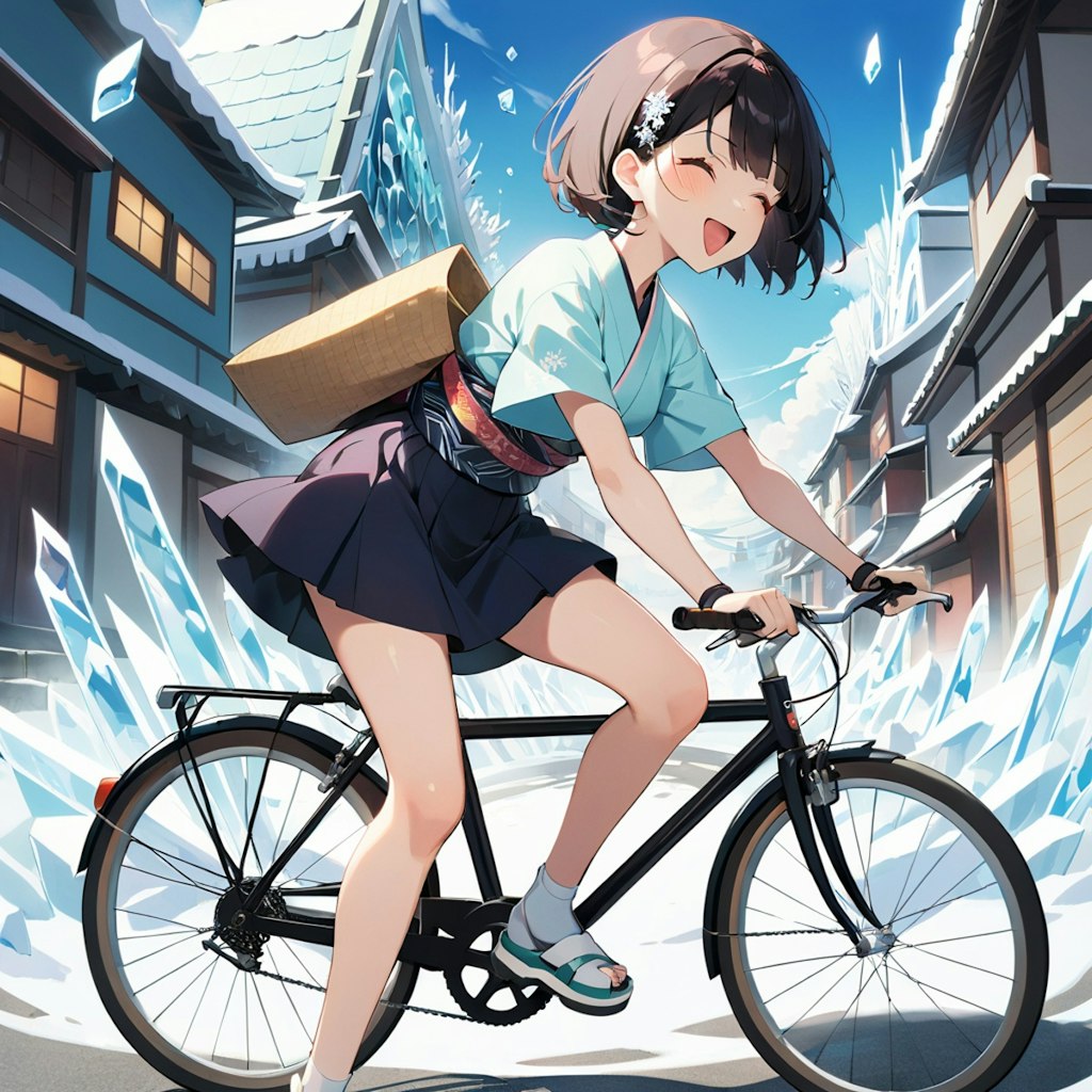 自転車に乗る てへぺろ雪女