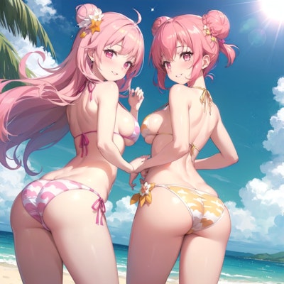 常夏のビーチで遊ぶ二人の水着の女の子