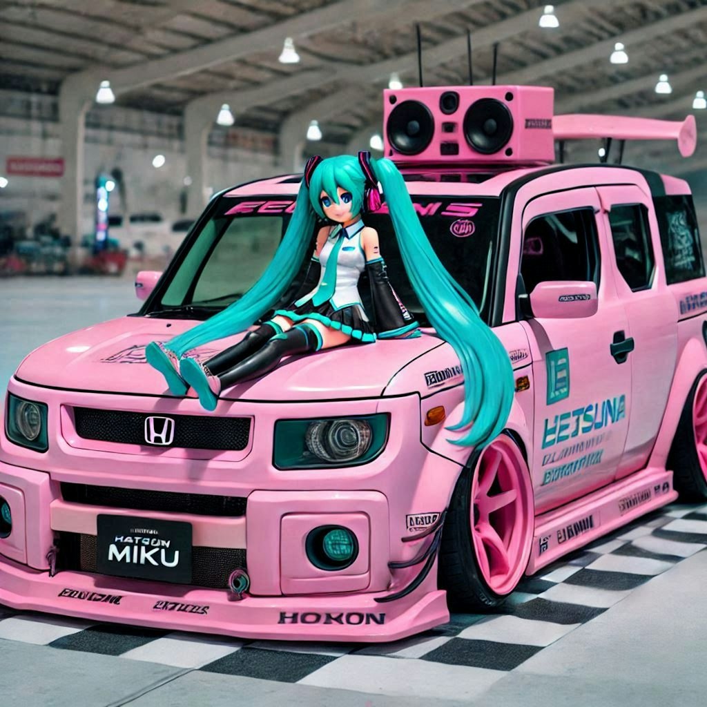 初音ミクキャラとピンクカラーホンダエレメントのドリ車