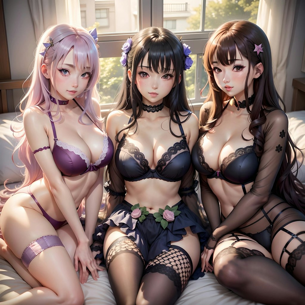 ベッドに３人の女の子