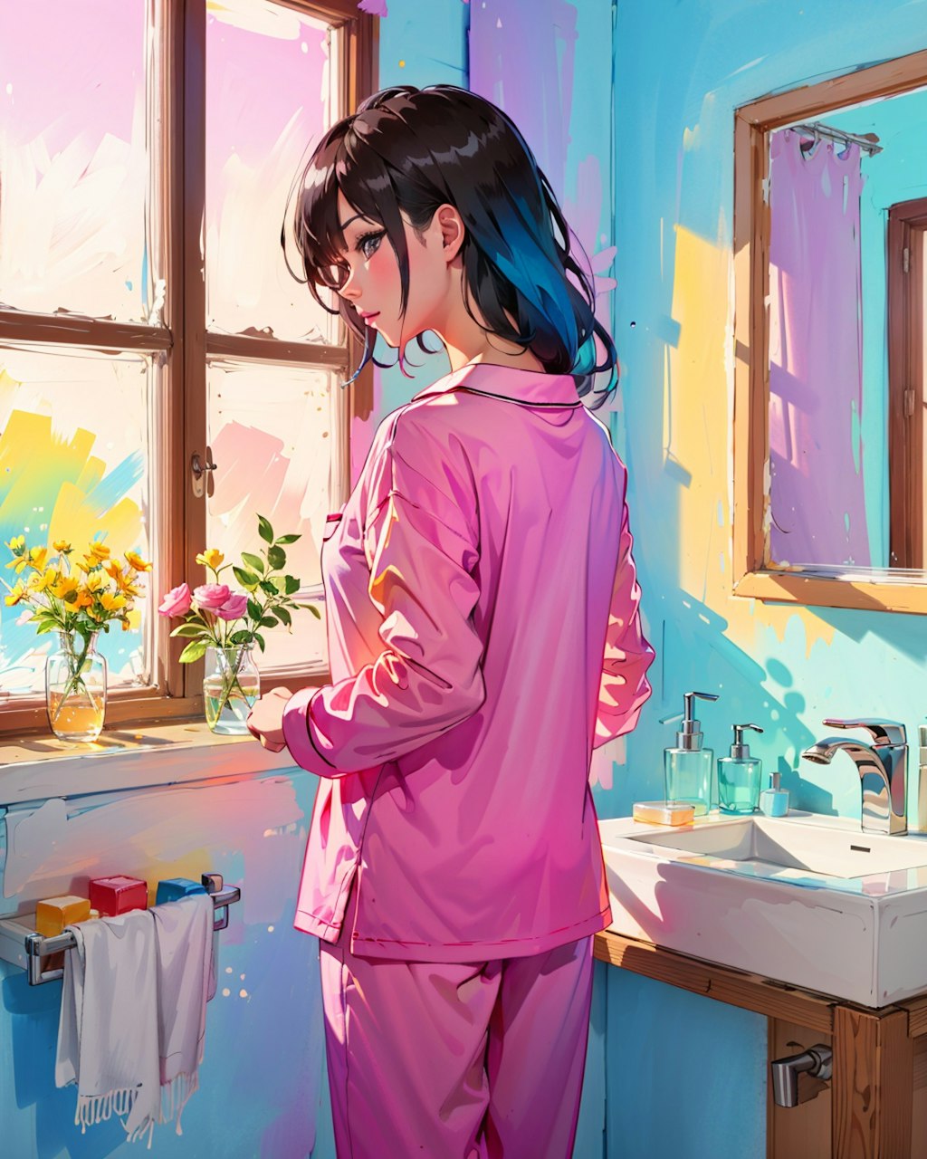 朝起きて出かける準備をするのピンクのパジャマ