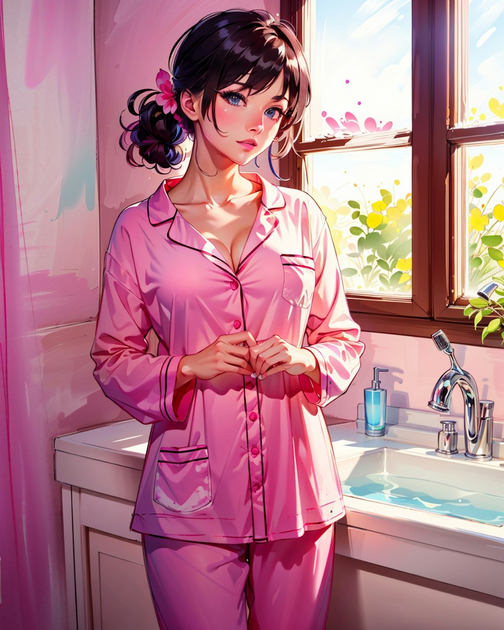 朝起きて出かける準備をするのピンクのパジャマ