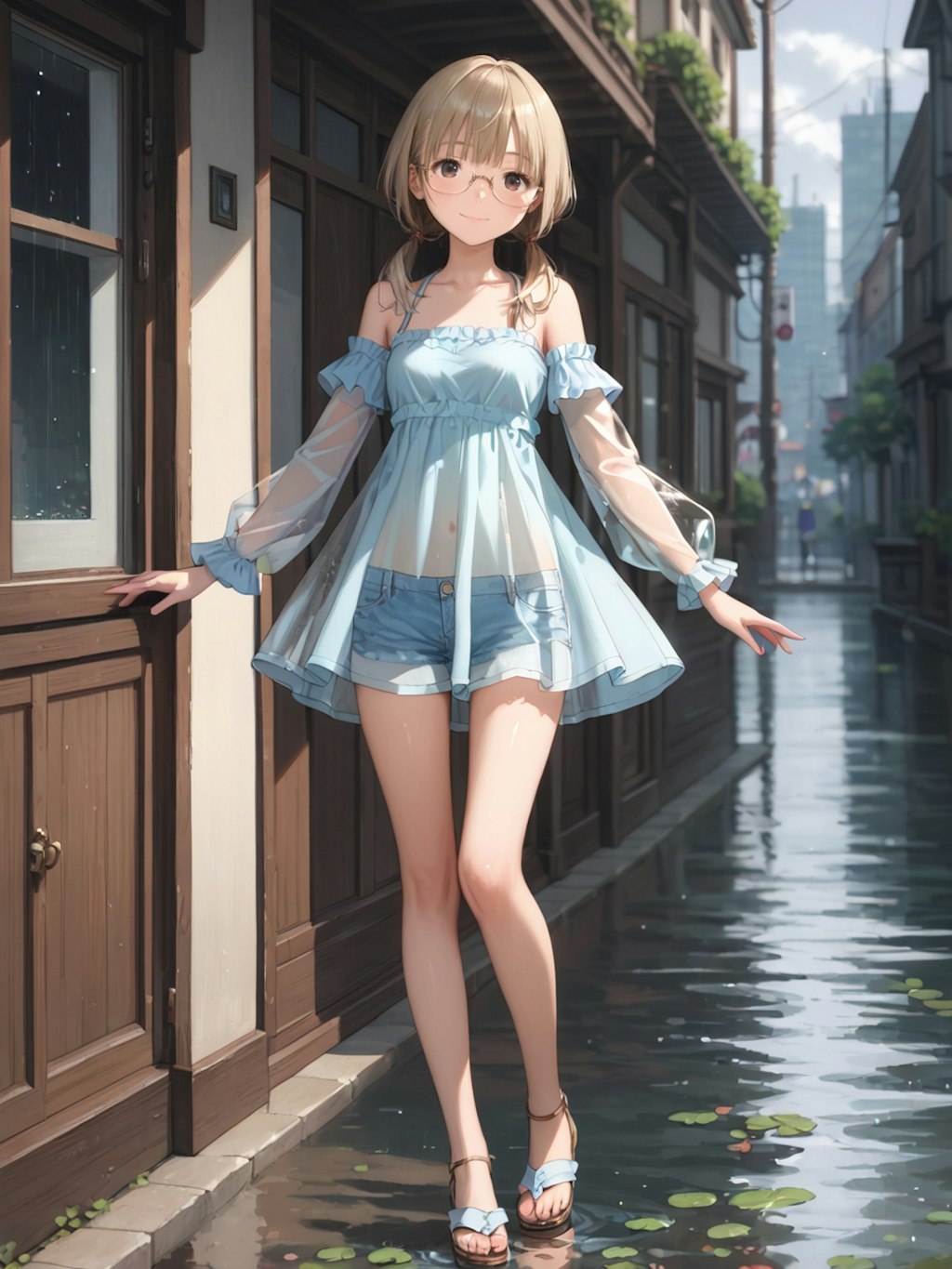 雨の街の服