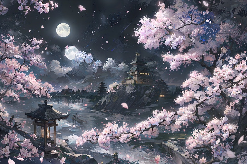 #45 夜桜と日本の城 背景コレクション50チャレンジ
