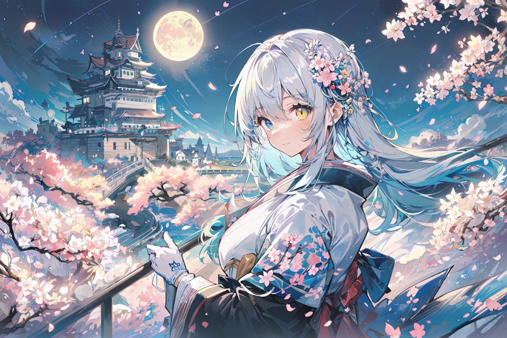 #45 夜桜と日本の城 背景コレクション50チャレンジ