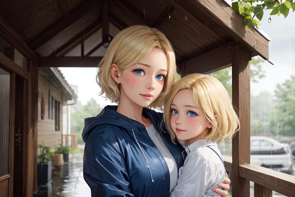雨の日の金髪母娘