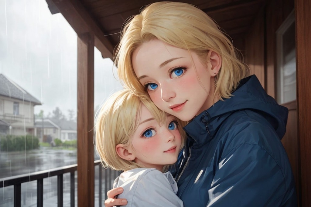 雨の日の金髪母娘