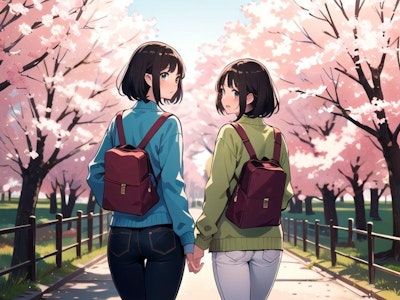 桜並木を歩く姉妹