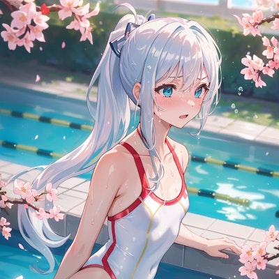 桜咲くプールで練習です。