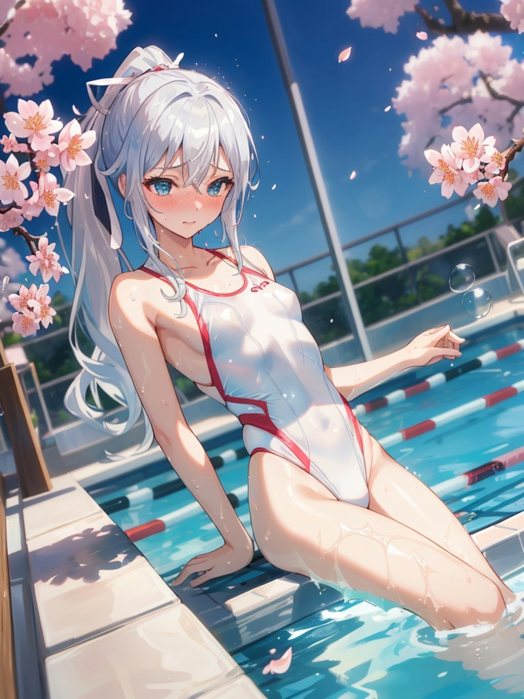 桜咲くプールで練習です。