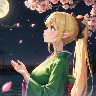 夜桜とエルフちゃん