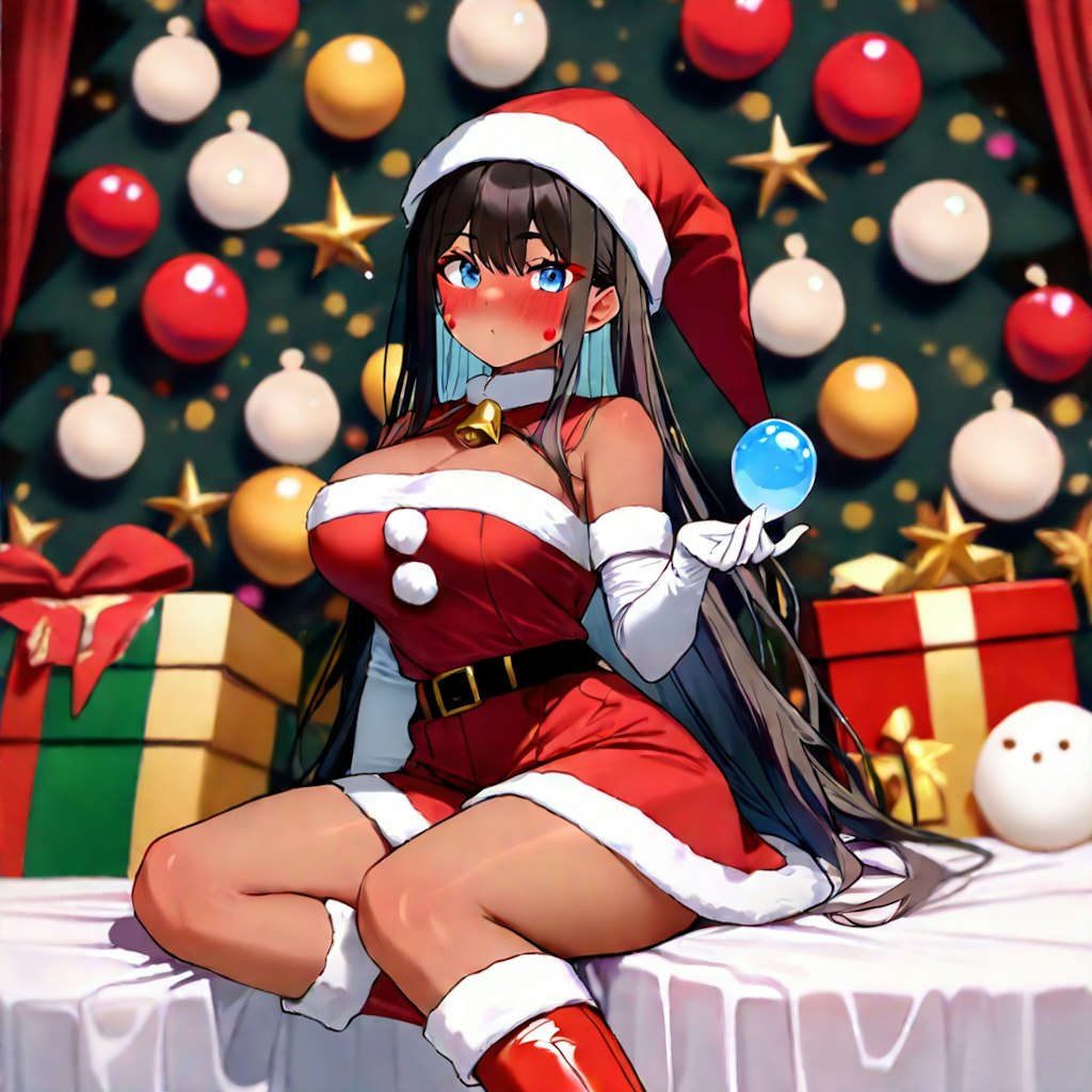 サンタコスの女の子とクリスマスツリー