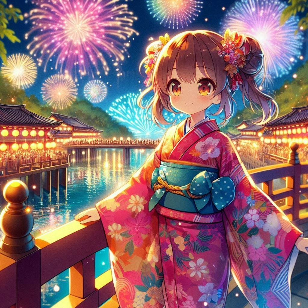 『anime-illust, yukata, fireworks』