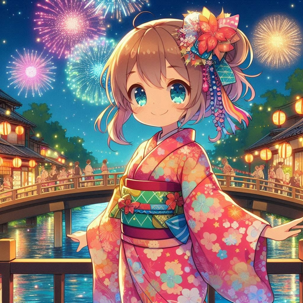 『anime-illust, yukata, fireworks』