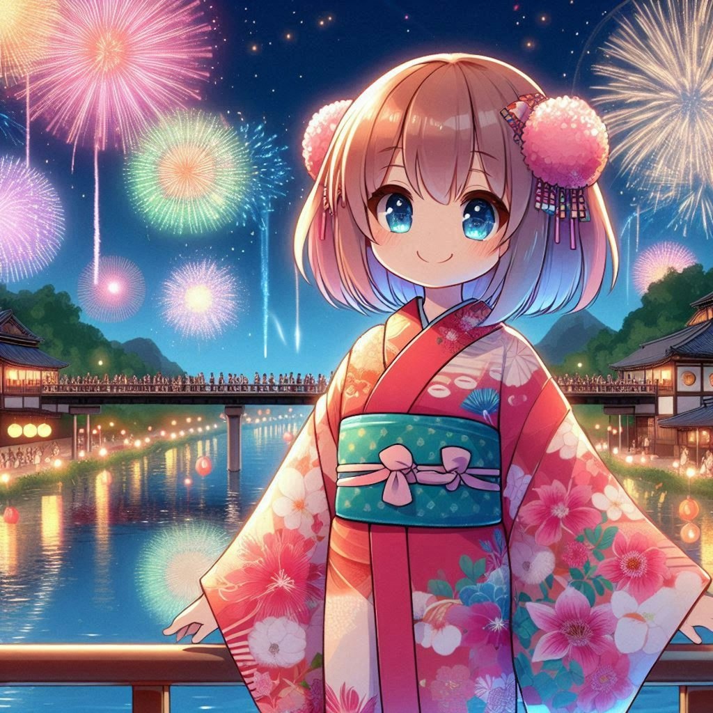 『anime-illust, yukata, fireworks』