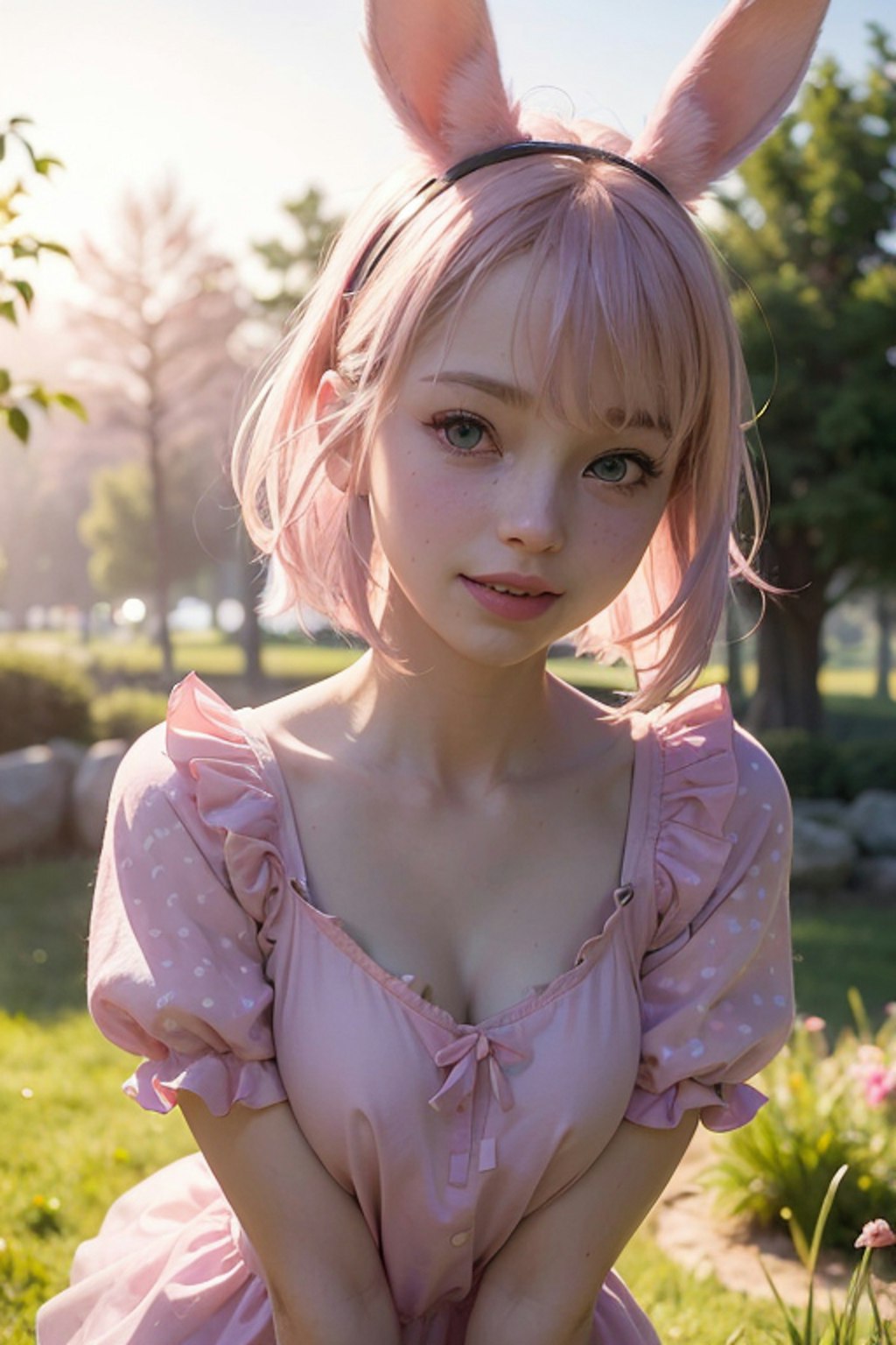 pink bunny girl on grassland